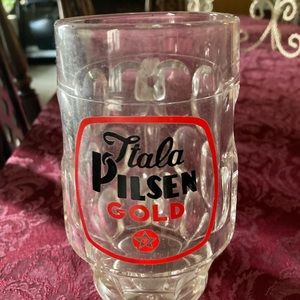 Itala Pilsen Gold Bira Dimpled Glass Handled Beer Mug/ Stein 5-3/4" Italy RARE.